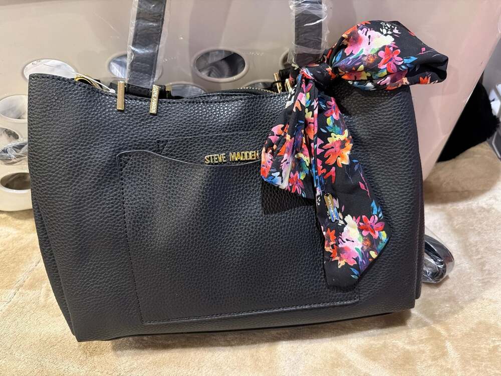 Steve Madden BPARKER Black Pebbled Vegan Leather Tote Crossbody Bag w/ Floral Sc